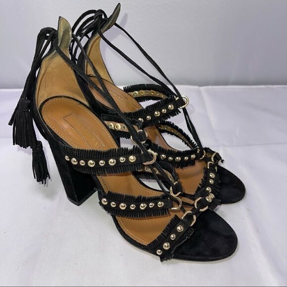 𝅺Aquazzurra Sandals Firenze Tulum Black Suede Sandals Chunky Heel Size 37 U.S. 6 - Picture 1 of 15